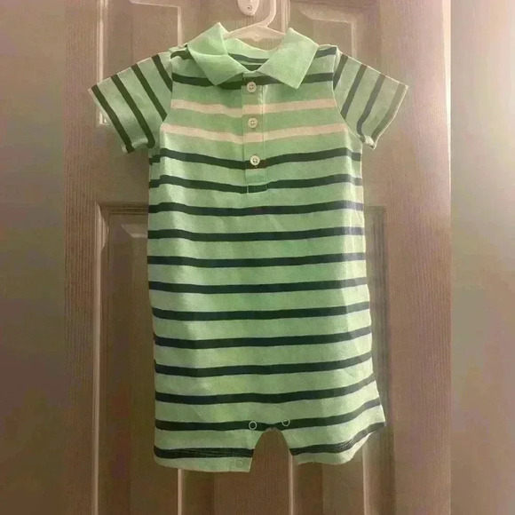 Carters NWT green with blue & white striped romper has snaps and collar 18 mths - Picture 3 of 11